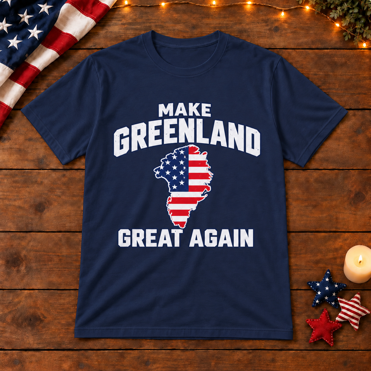Make Greenland Great Again American flag map shirt in Navy Blue on patriotic wooden background
