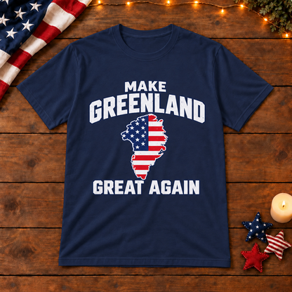 Make Greenland Great Again American flag map shirt in Navy Blue on patriotic wooden background