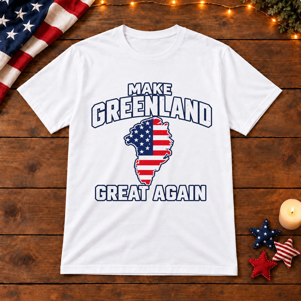 Make Greenland Great Again American flag map shirt in White on patriotic wooden background