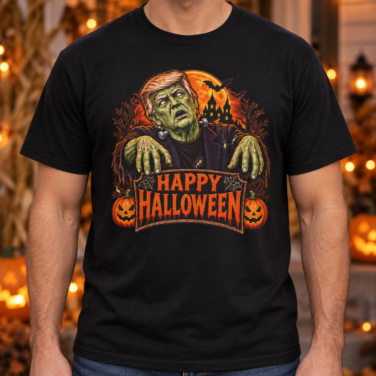 Trump Frankenstein Halloween Shirt in Black, chest Halloween mockup