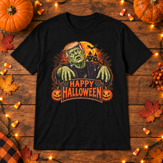 Trump Frankenstein Halloween Shirt in Black, Halloween wooden background