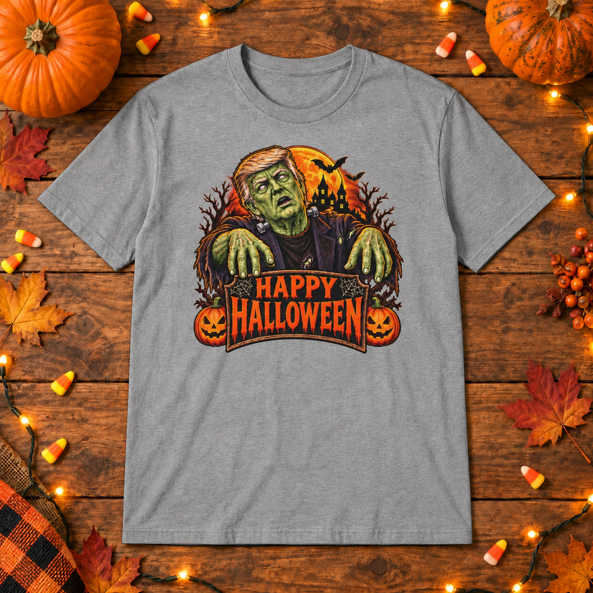 Trump Frankenstein Halloween Shirt in Gray, wood Halloween mockup