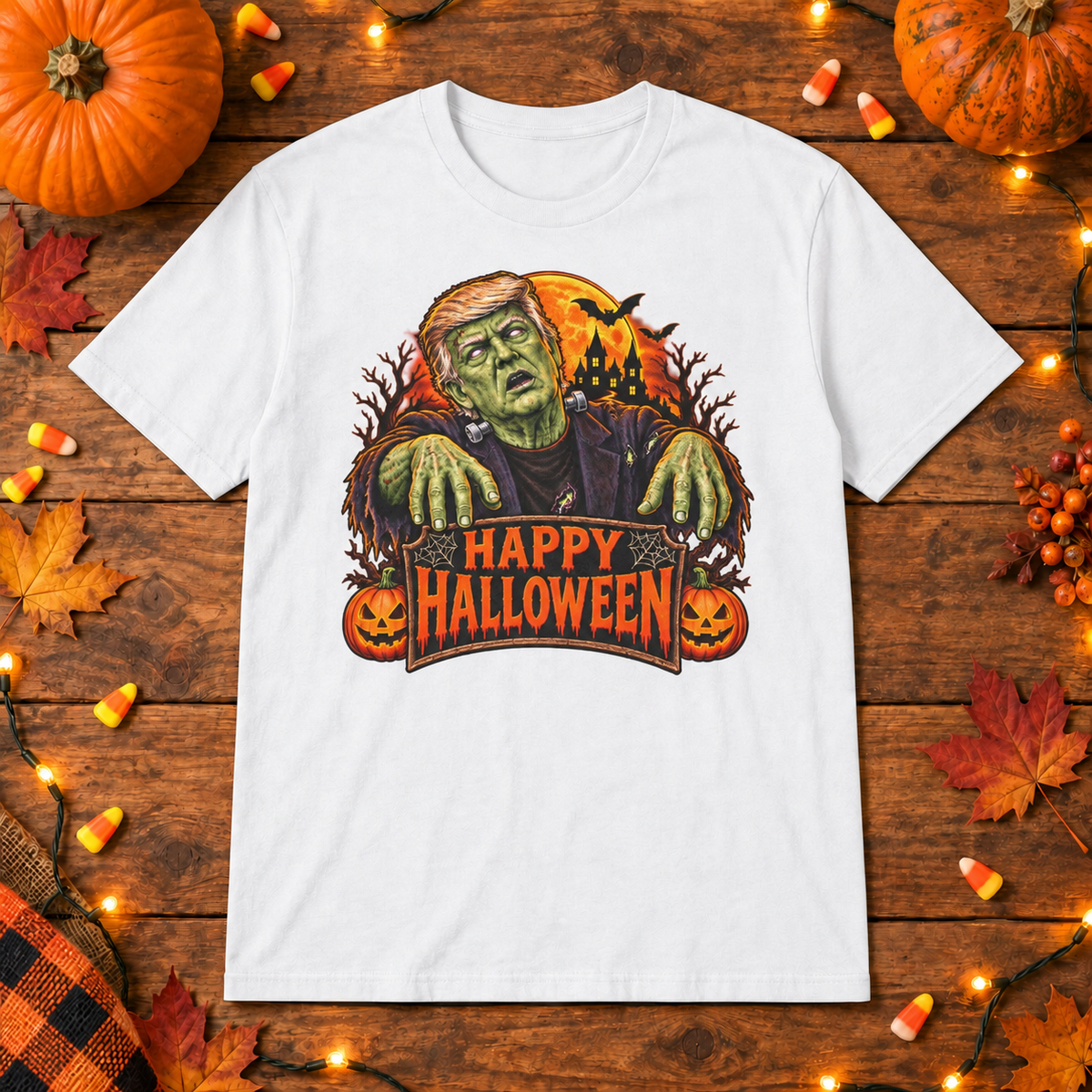 Trump Frankenstein Halloween Shirt in White, wood Halloween mockup
