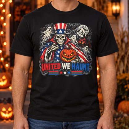 United We Haunt Halloween Shirt in Black, chest Halloween mockup