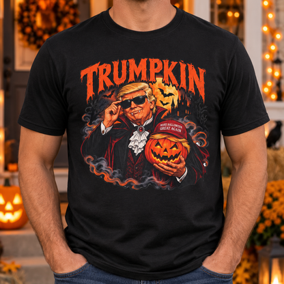 Trumpkin Halloween Shirt in Black, chest Halloween mockup