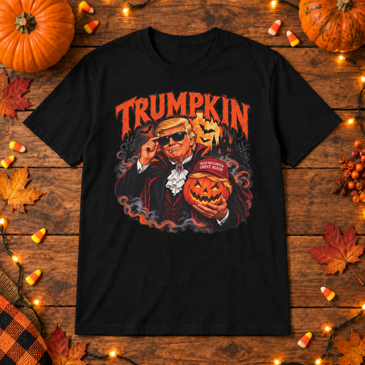 Trumpkin Halloween Shirt in Black, wood Halloween mockup