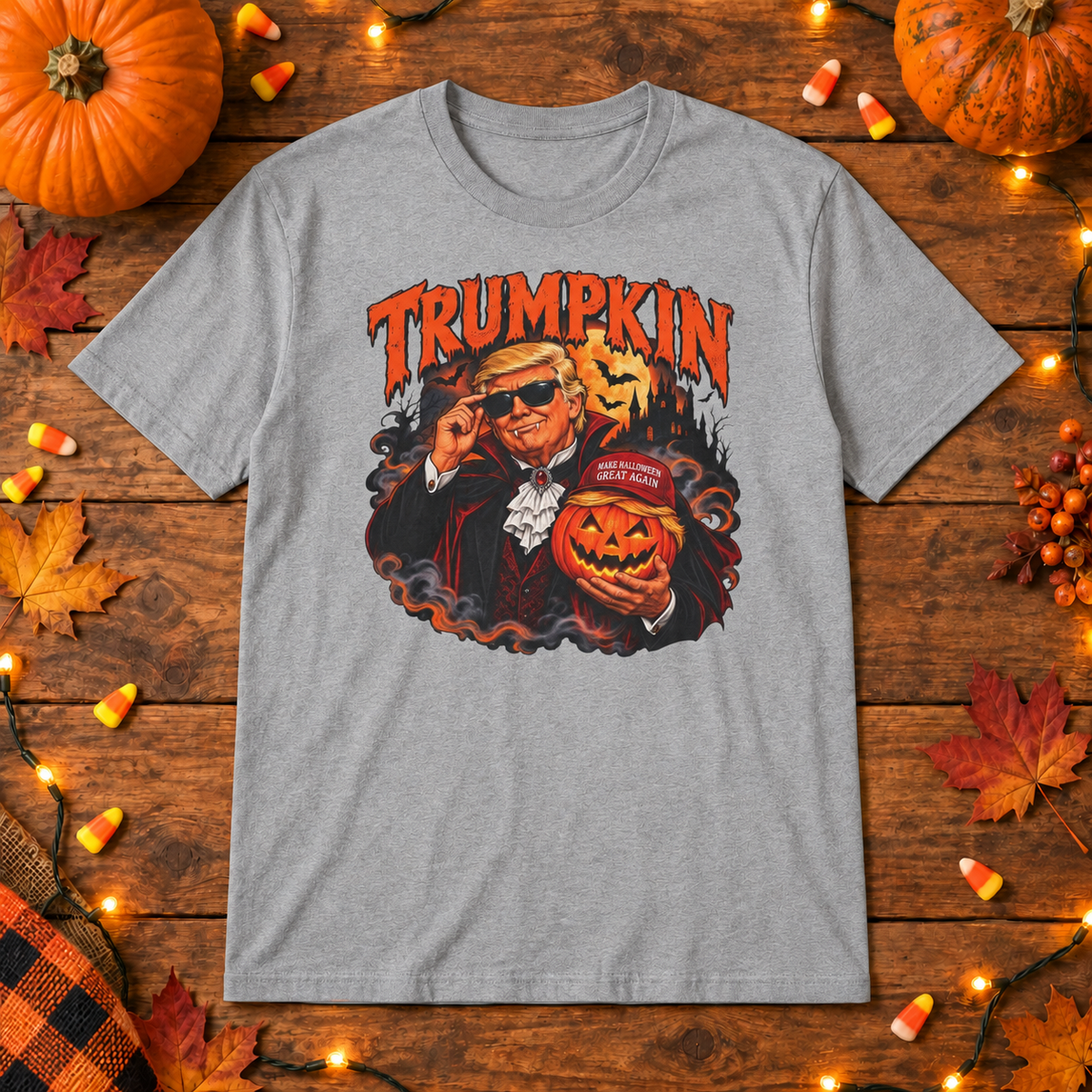 Trumpkin Halloween Shirt in Gray, wood Halloween mockup