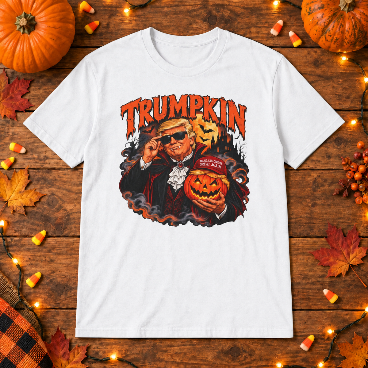 Trumpkin Halloween Shirt in White, wood Halloween mockup