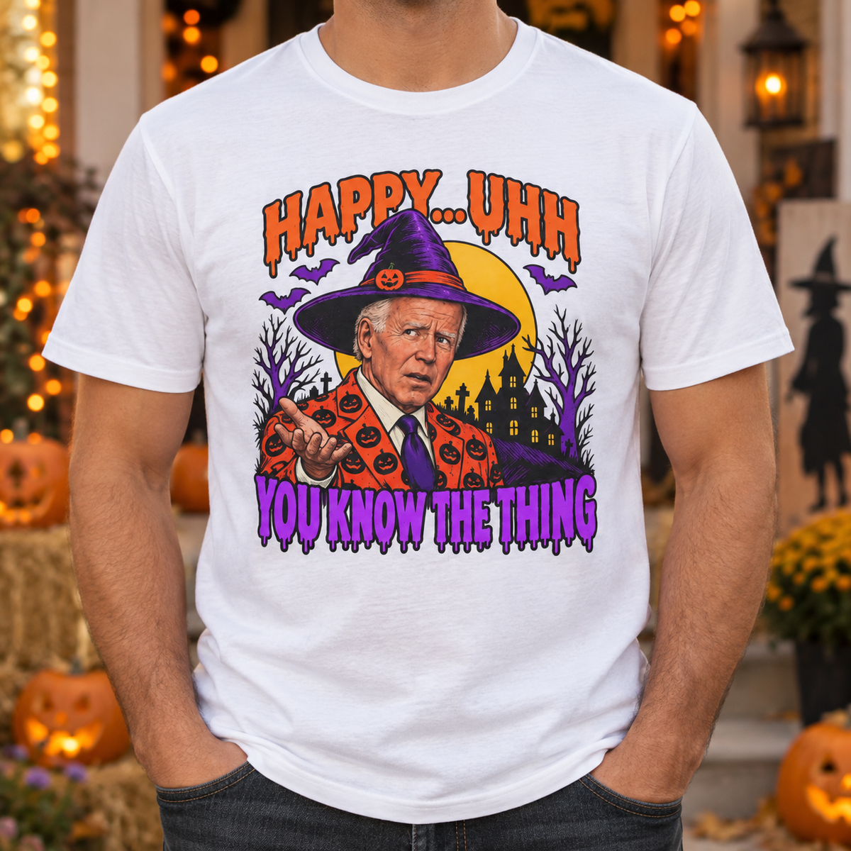 White Halloween graphic T-shirt — chest close-up without face