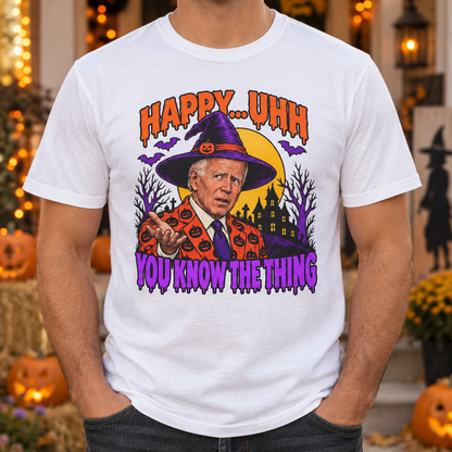 White Halloween graphic T-shirt — chest close-up without face