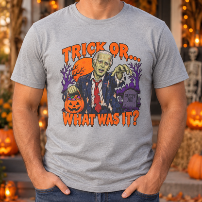 Gray Halloween graphic T-shirt — chest close-up without face