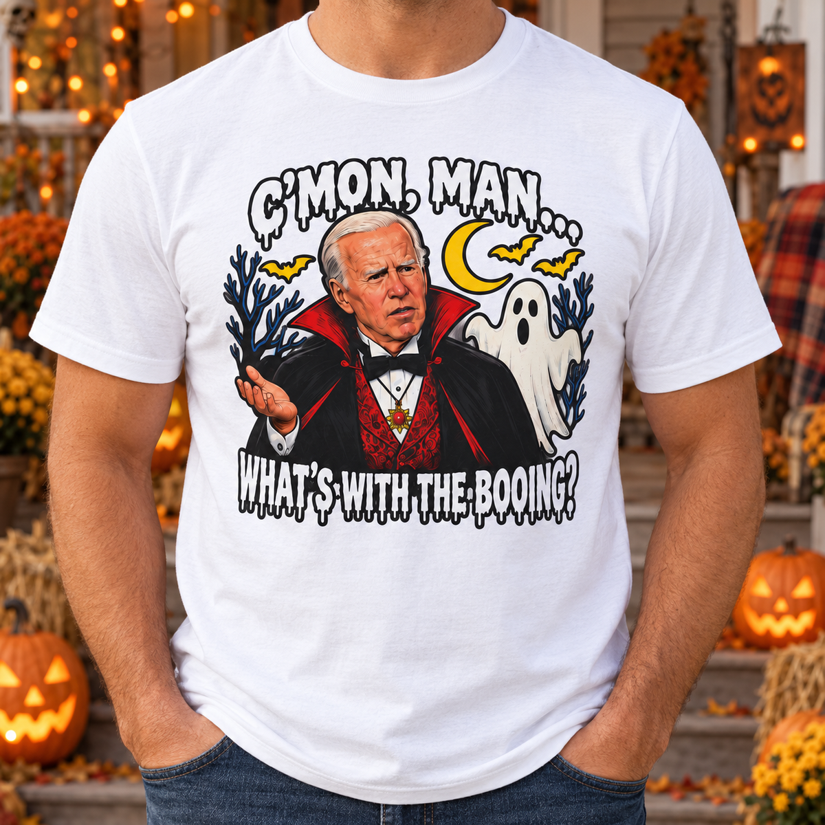 White Halloween graphic T-shirt — chest close-up without face