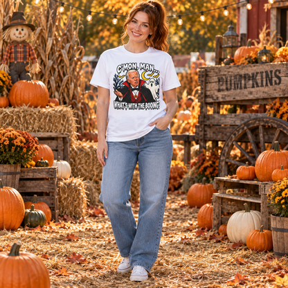 White Halloween graphic T-shirt — full-body autumn mockup
