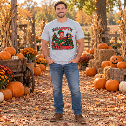 Gray Halloween graphic T-shirt — full-body autumn mockup