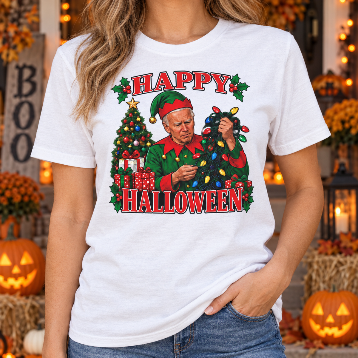 White Halloween graphic T-shirt — chest close-up without face