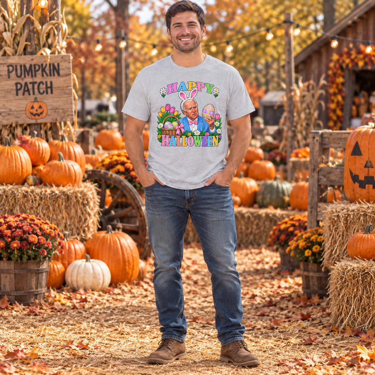 Gray Halloween graphic T-shirt — full-body autumn mockup