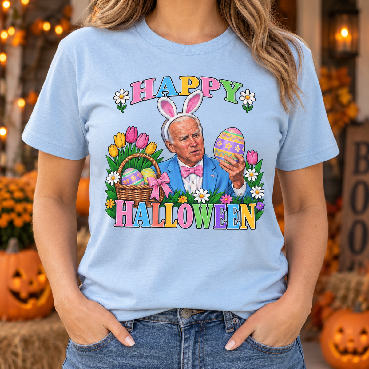 Light Blue Halloween graphic T-shirt — chest close-up without face