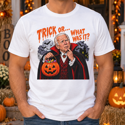 White Halloween graphic T-shirt — chest close-up without face