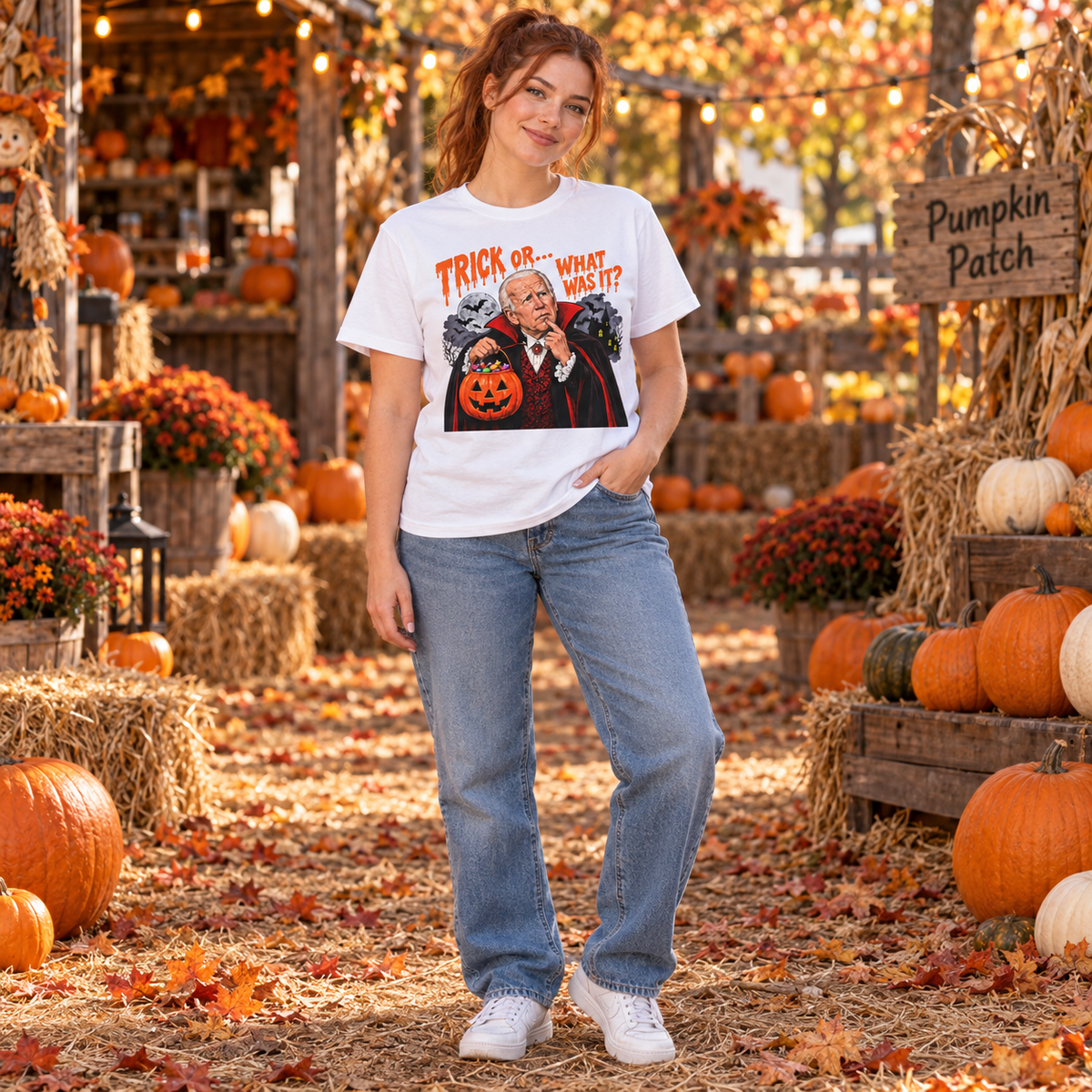 White Halloween graphic T-shirt — full-body autumn mockup