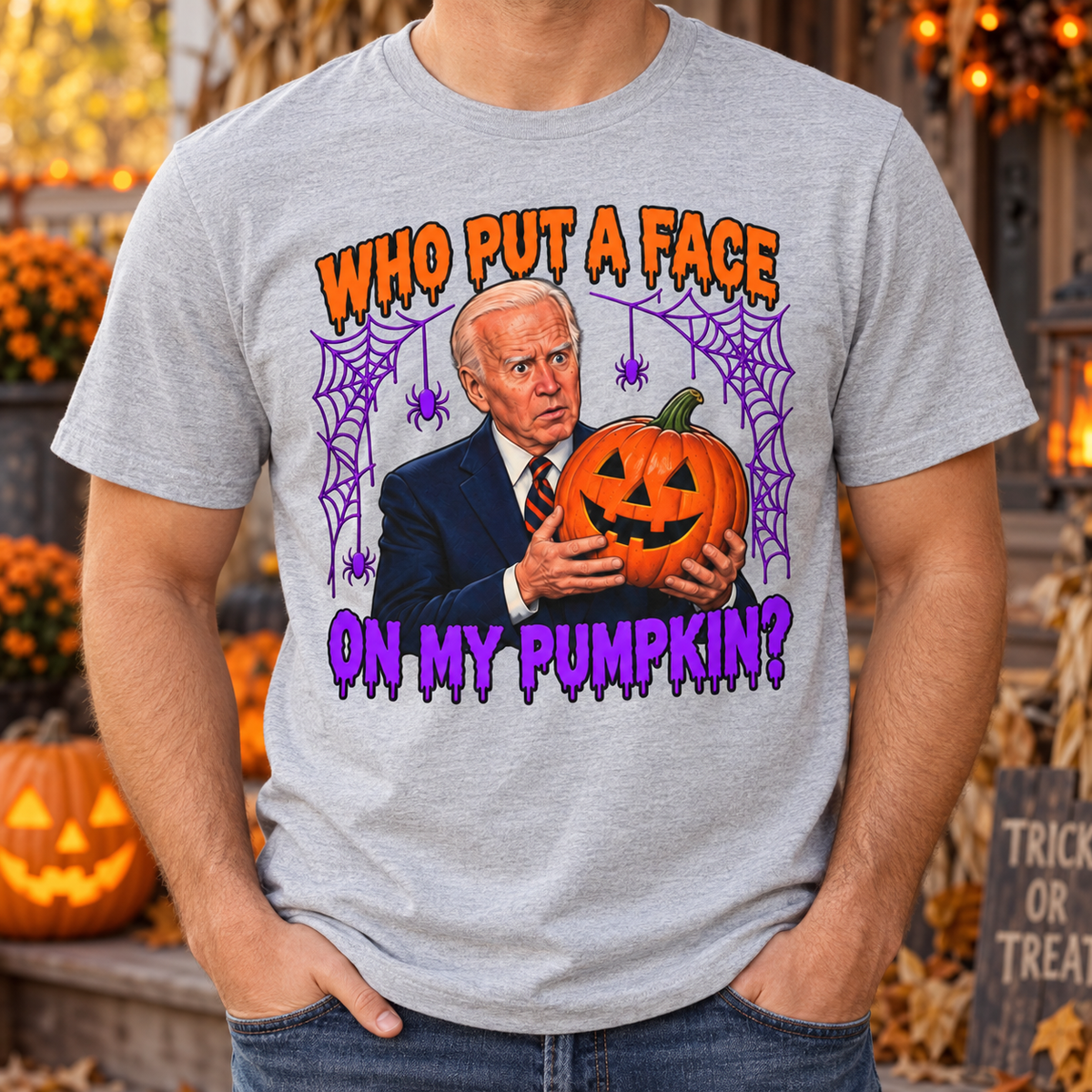 Gray Who Put a Face on My Pumpkin T-shirt — chest close-up without face