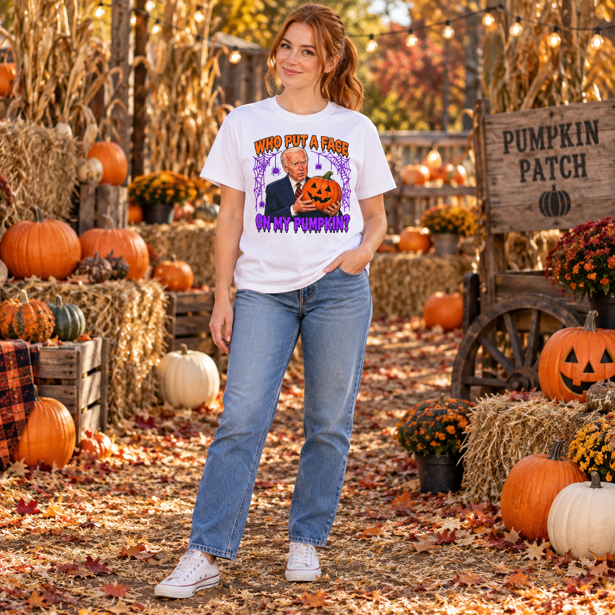 White Halloween graphic T-shirt — full-body autumn mockup