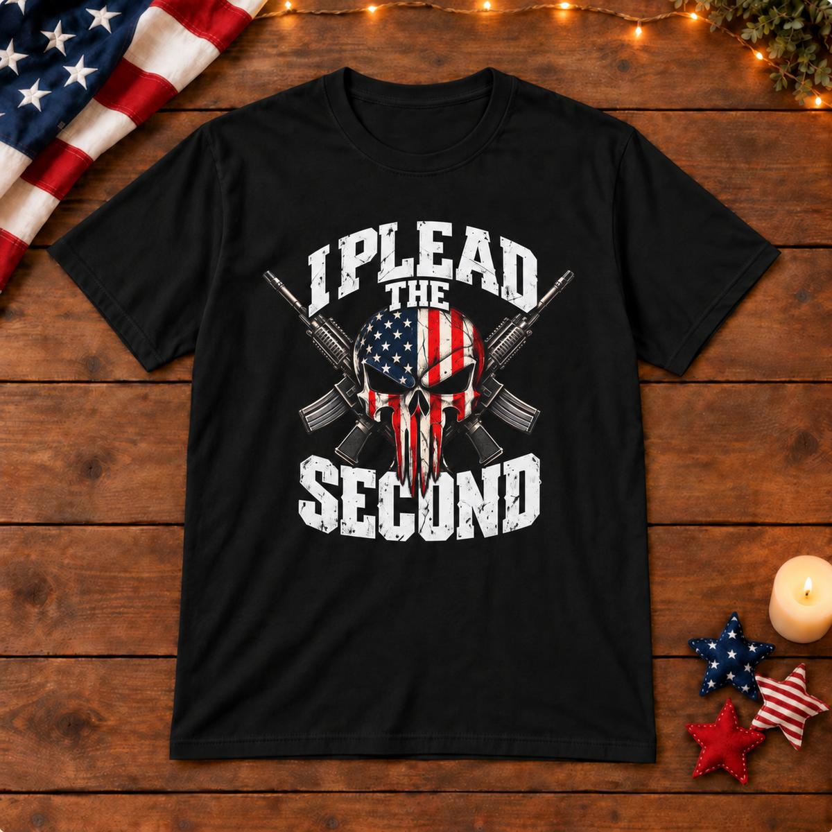 i plead the second shirt in black on patriotic wooden background