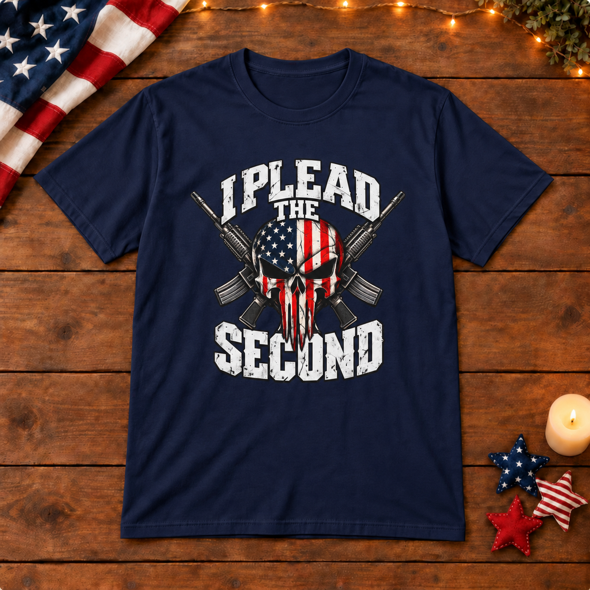 i plead the second shirt in navy-blue on patriotic wooden background