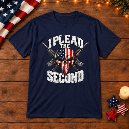 i plead the second shirt in navy-blue on patriotic wooden background