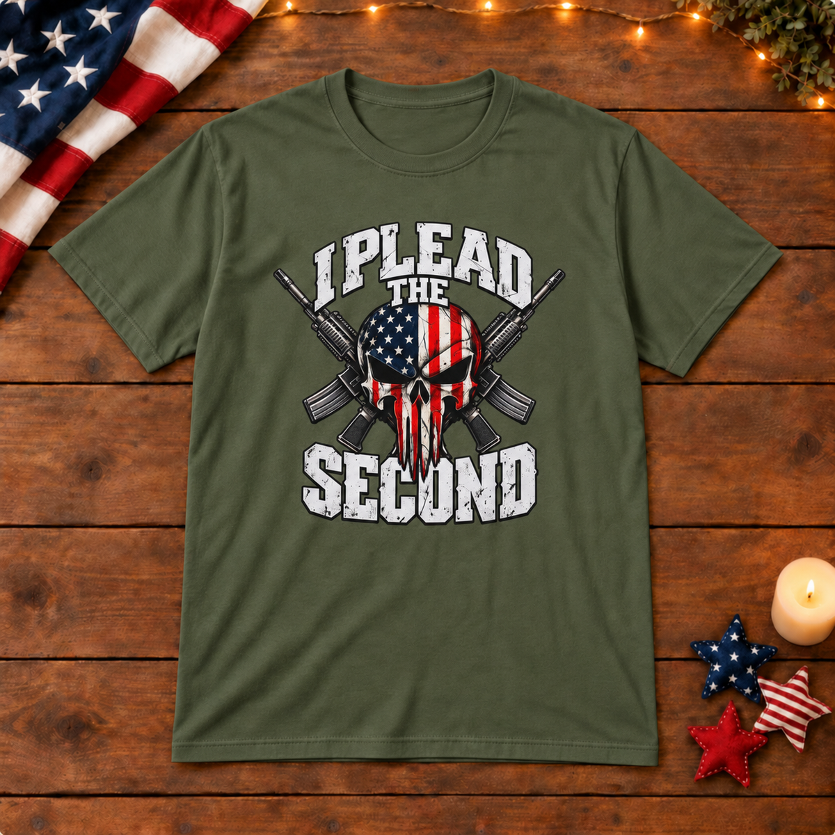 i plead the second shirt in olive-green on patriotic wooden background