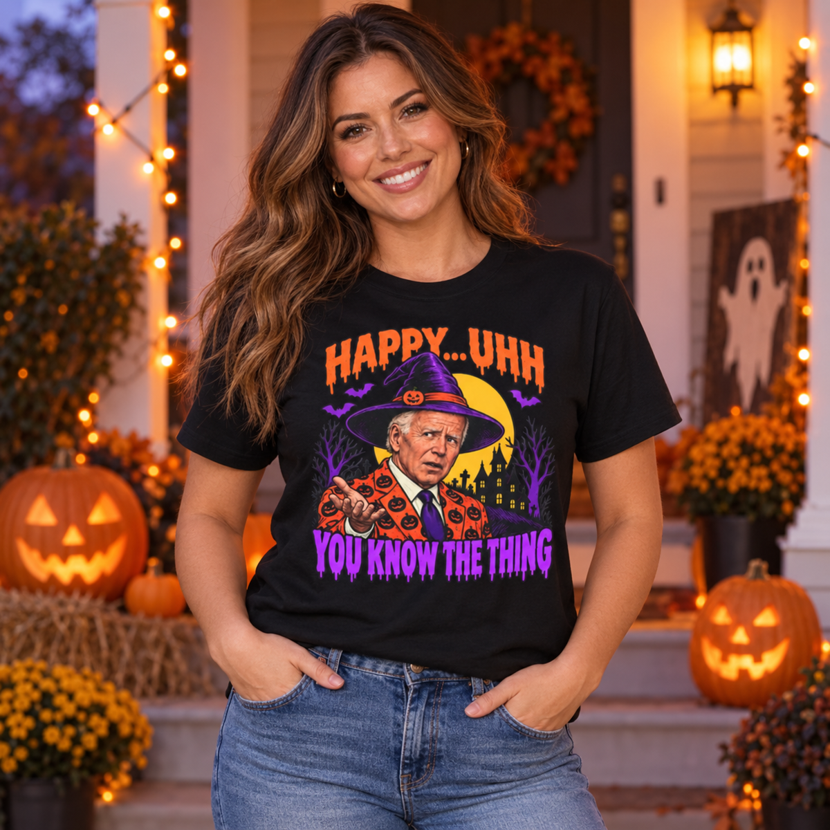 Happy… Uhh You Know the Thing black shirt worn by a woman in a seasonal setting