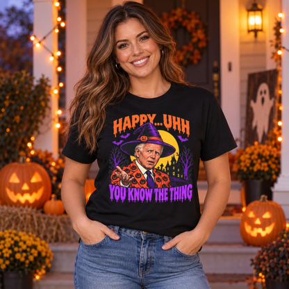 Happy… Uhh You Know the Thing black shirt worn by a woman in a seasonal setting