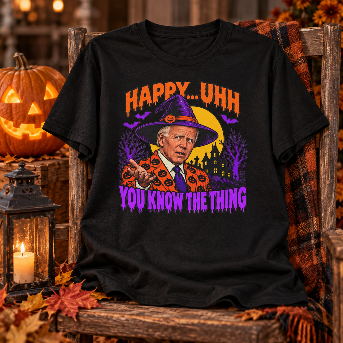 Happy… Uhh You Know the Thing black shirt displayed on a chair with seasonal decorations