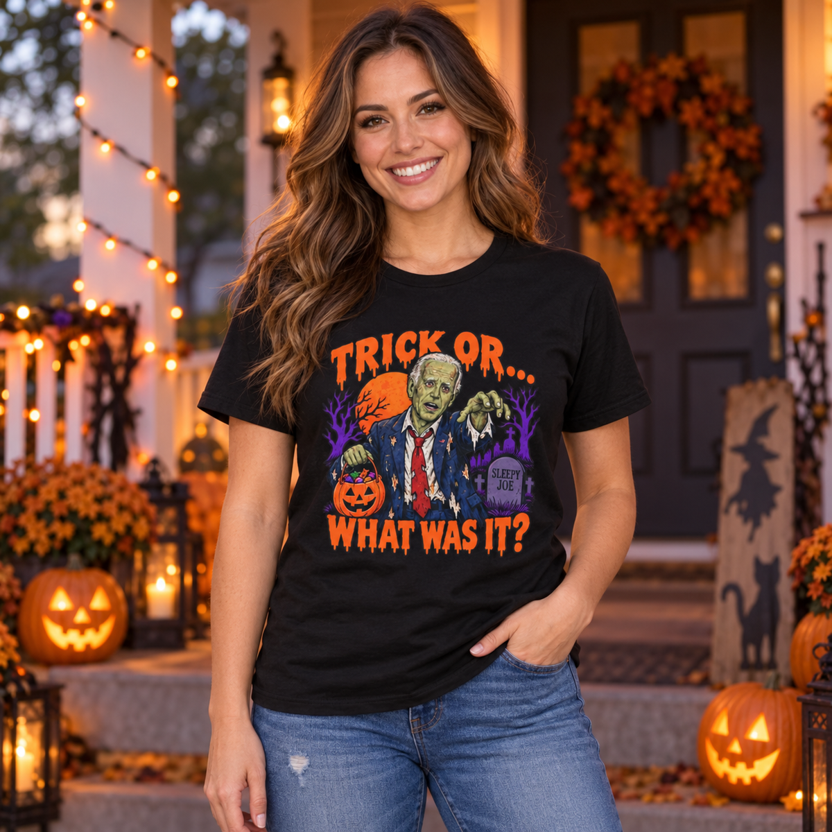 Trick Or… What Was It? black shirt worn by a woman in a seasonal setting