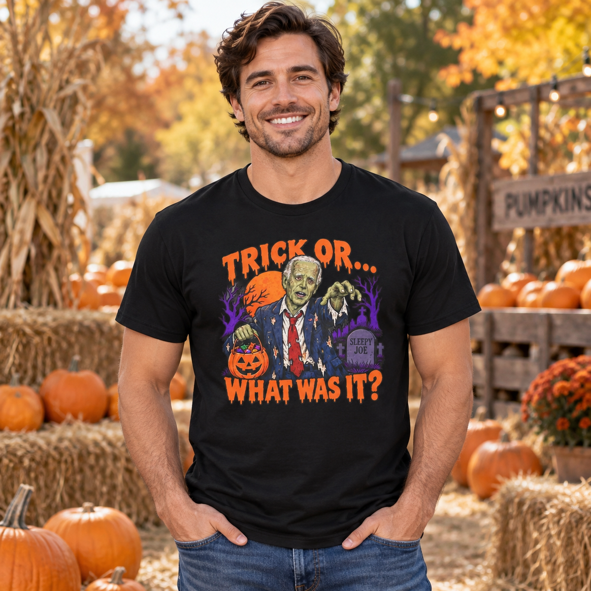 Trick Or… What Was It? black shirt worn by a man in a seasonal setting