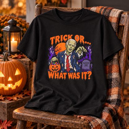 Trick Or… What Was It? black shirt displayed on a chair with seasonal decorations