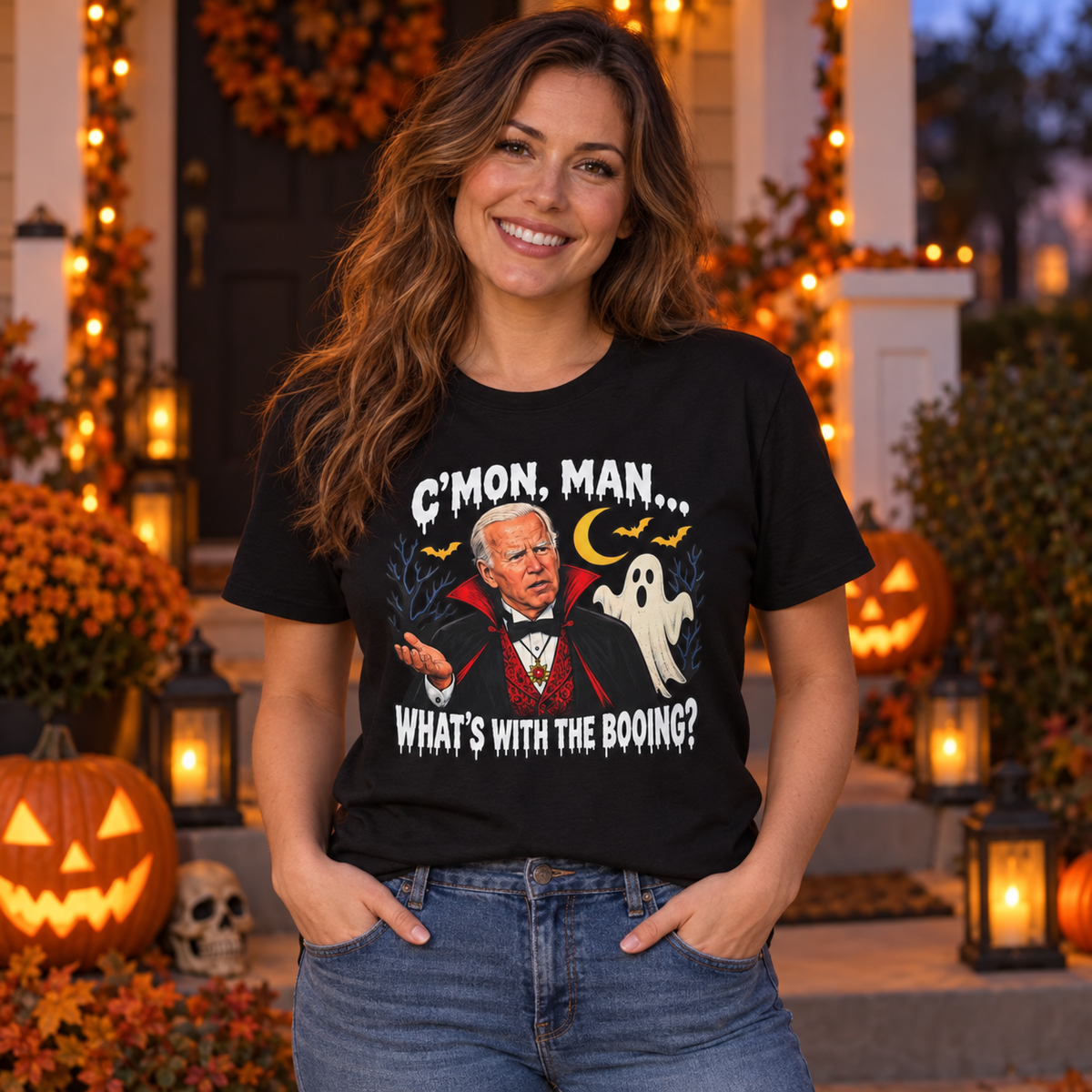 C’mon, Man… What’s With the Booing? black shirt worn by a woman in a seasonal setting