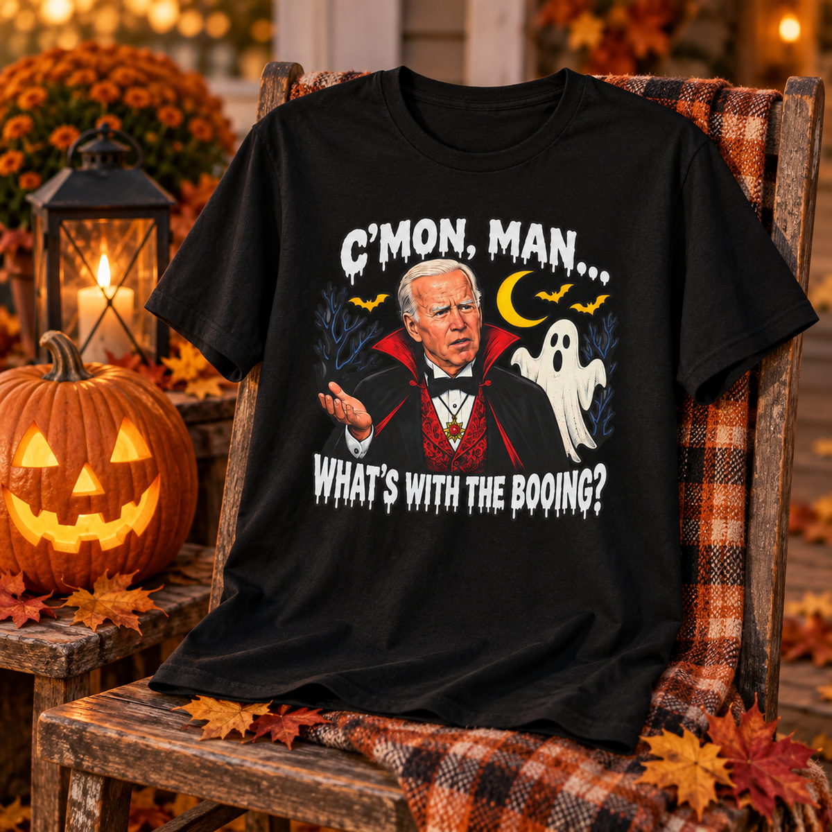 C’mon, Man… What’s With the Booing? black shirt displayed on a chair with seasonal decorations