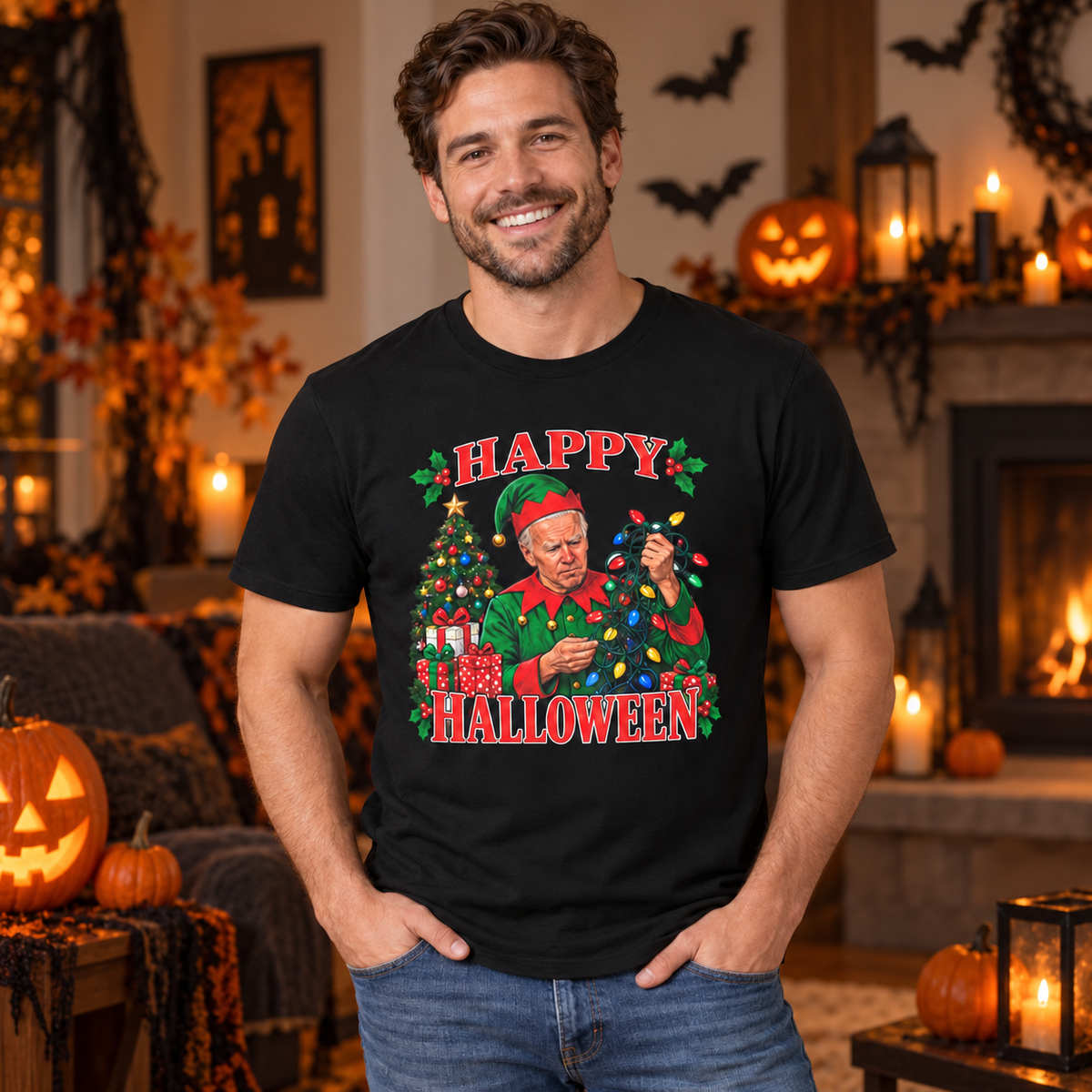 Man wearing a black shirt with Joe Biden Christmas elf Happy Halloween design in a Halloween setting with pumpkins.