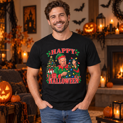 Man wearing a black shirt with Joe Biden Christmas elf Happy Halloween design in a Halloween setting with pumpkins.