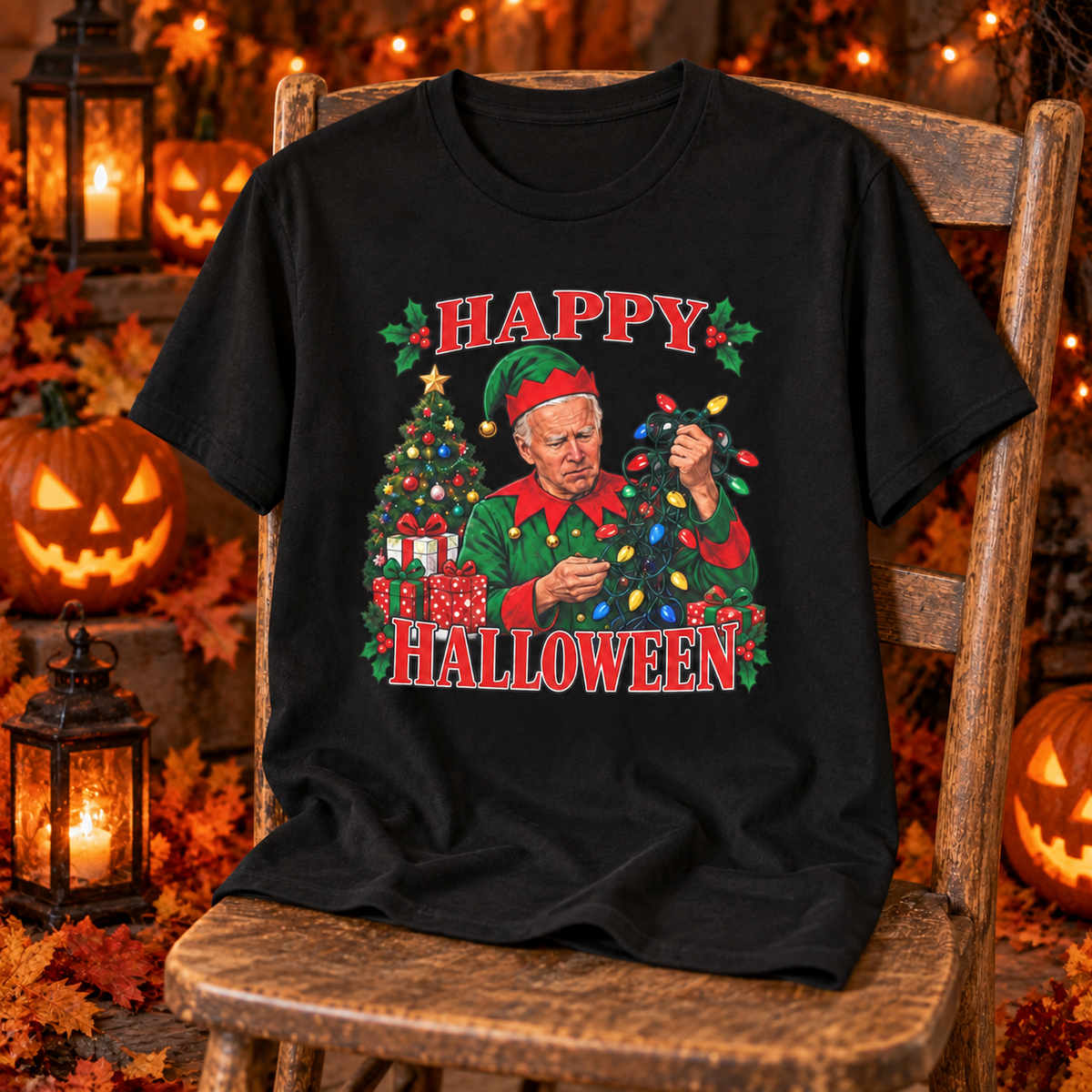 Black shirt on a rustic chair with Joe Biden Christmas elf Happy Halloween design in a Halloween setting with pumpkins.
