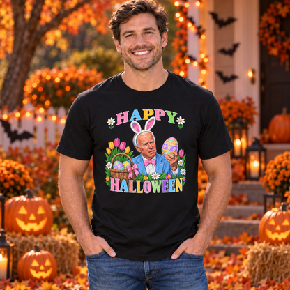 Man wearing a black shirt with Joe Biden Easter bunny Happy Halloween design in a Halloween setting with pumpkins.