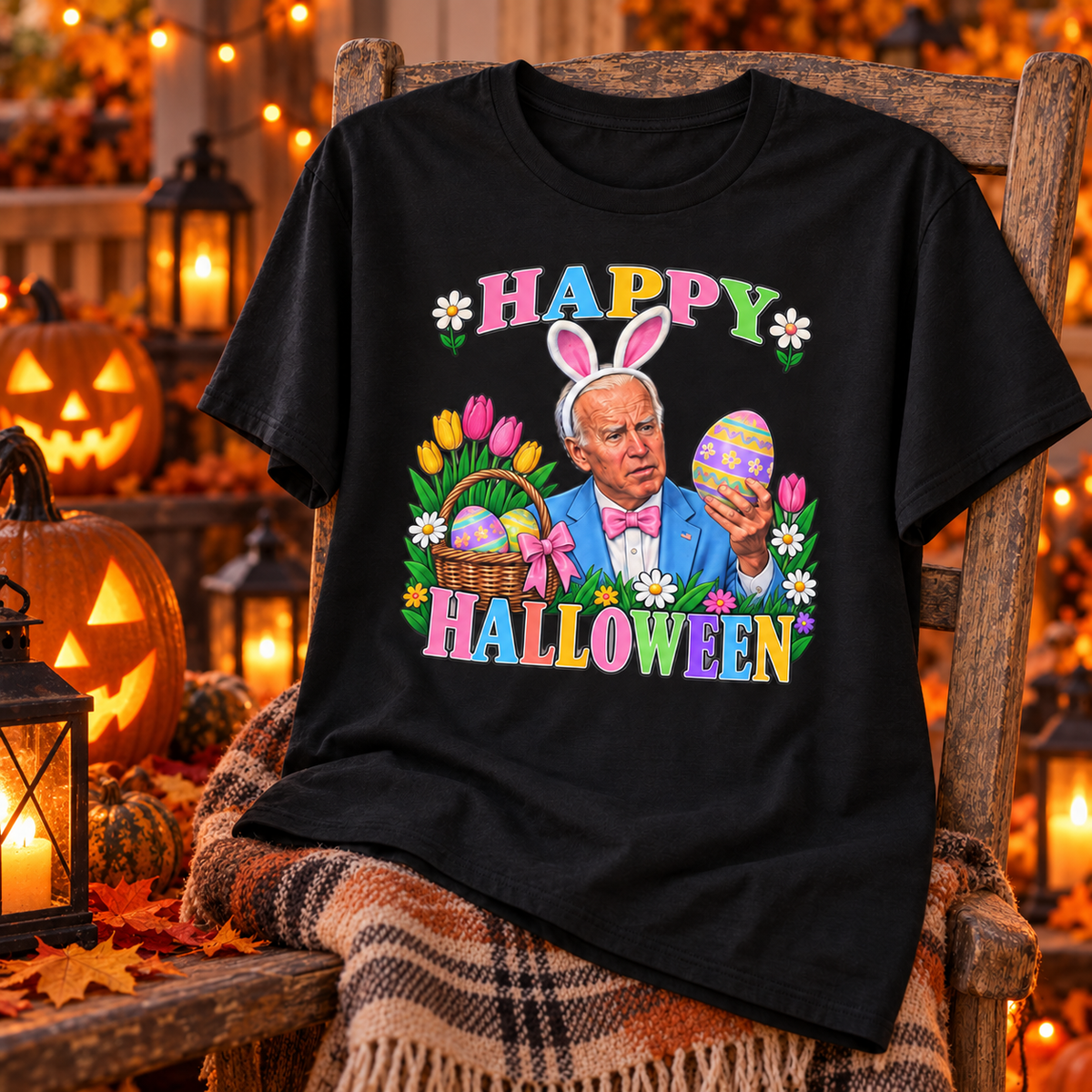 Black shirt on a rustic chair with Joe Biden Easter bunny Happy Halloween design in a Halloween setting with pumpkins.