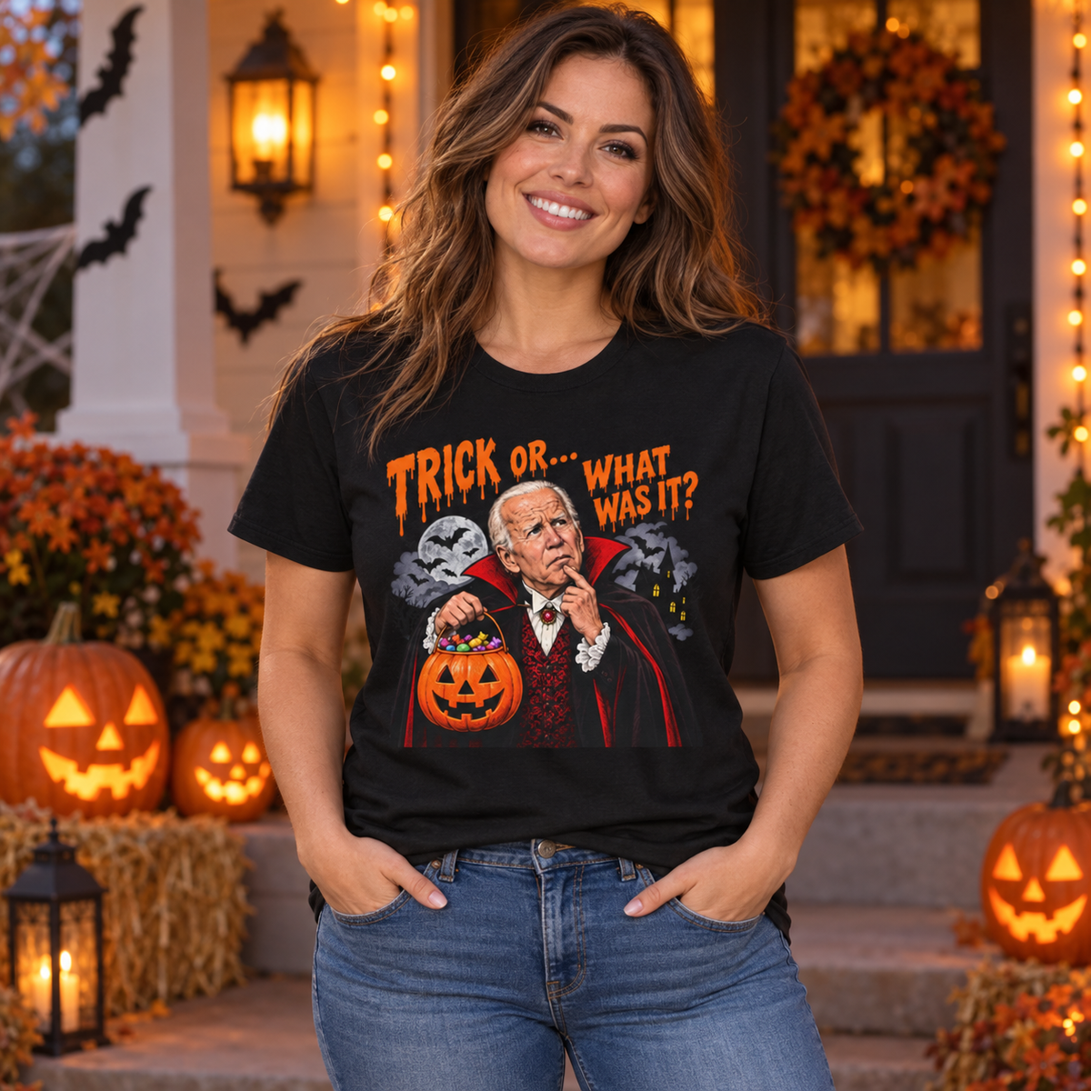 Trick Or… What Was It? black shirt worn by a woman in a seasonal setting