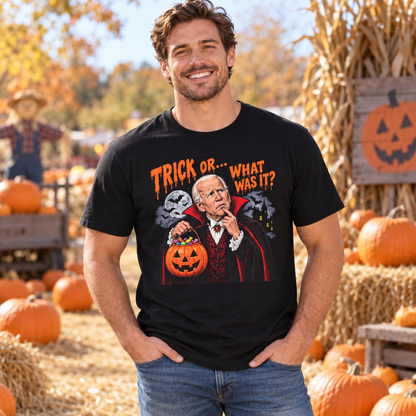Trick Or… What Was It? black shirt worn by a man in a seasonal setting
