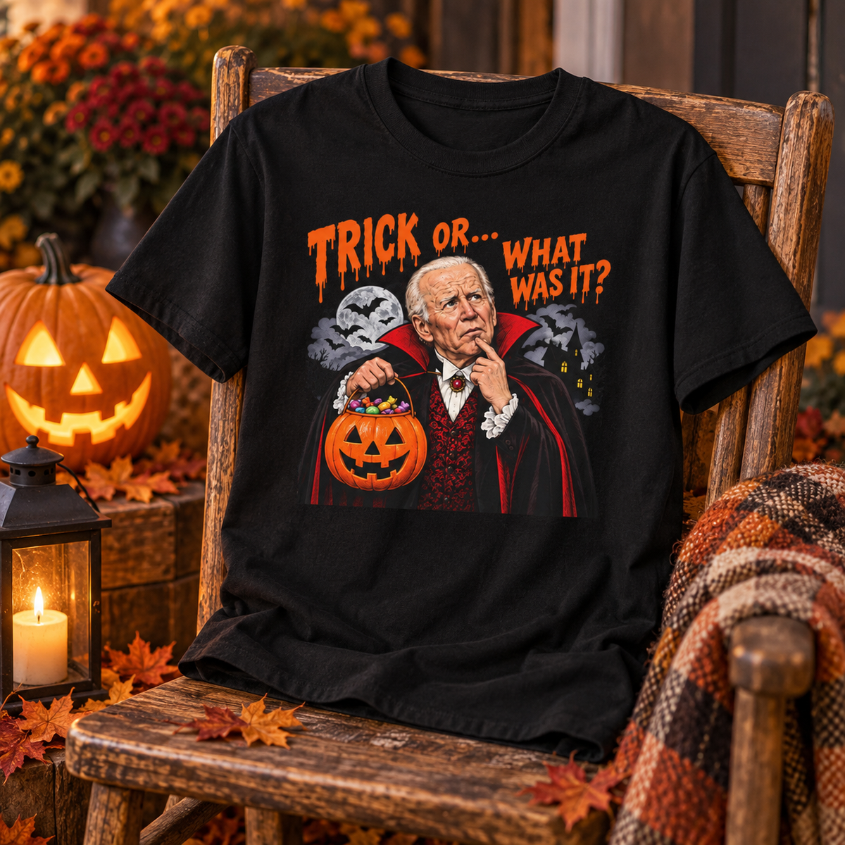 Trick Or… What Was It? black shirt displayed on a chair with seasonal decorations