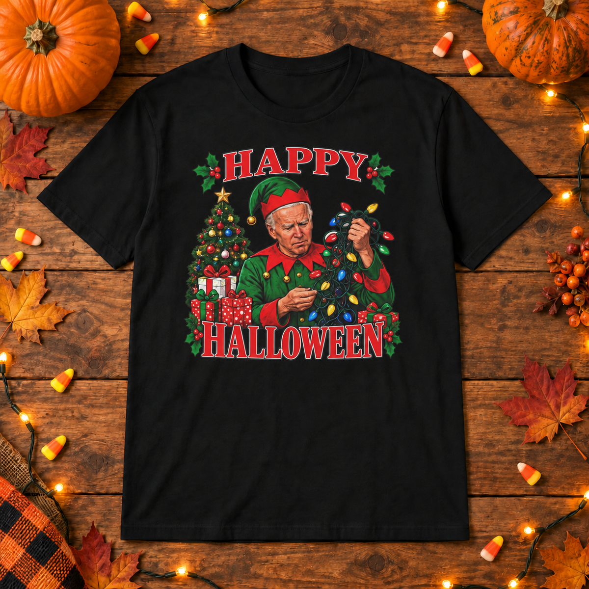 Black Joe Biden christmas elf shirt on a wooden background with Halloween lights, pumpkins and candy