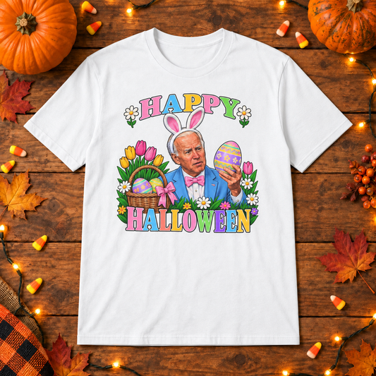 White Joe Biden easter bunny shirt on a wooden background with Halloween lights, pumpkins and candy
