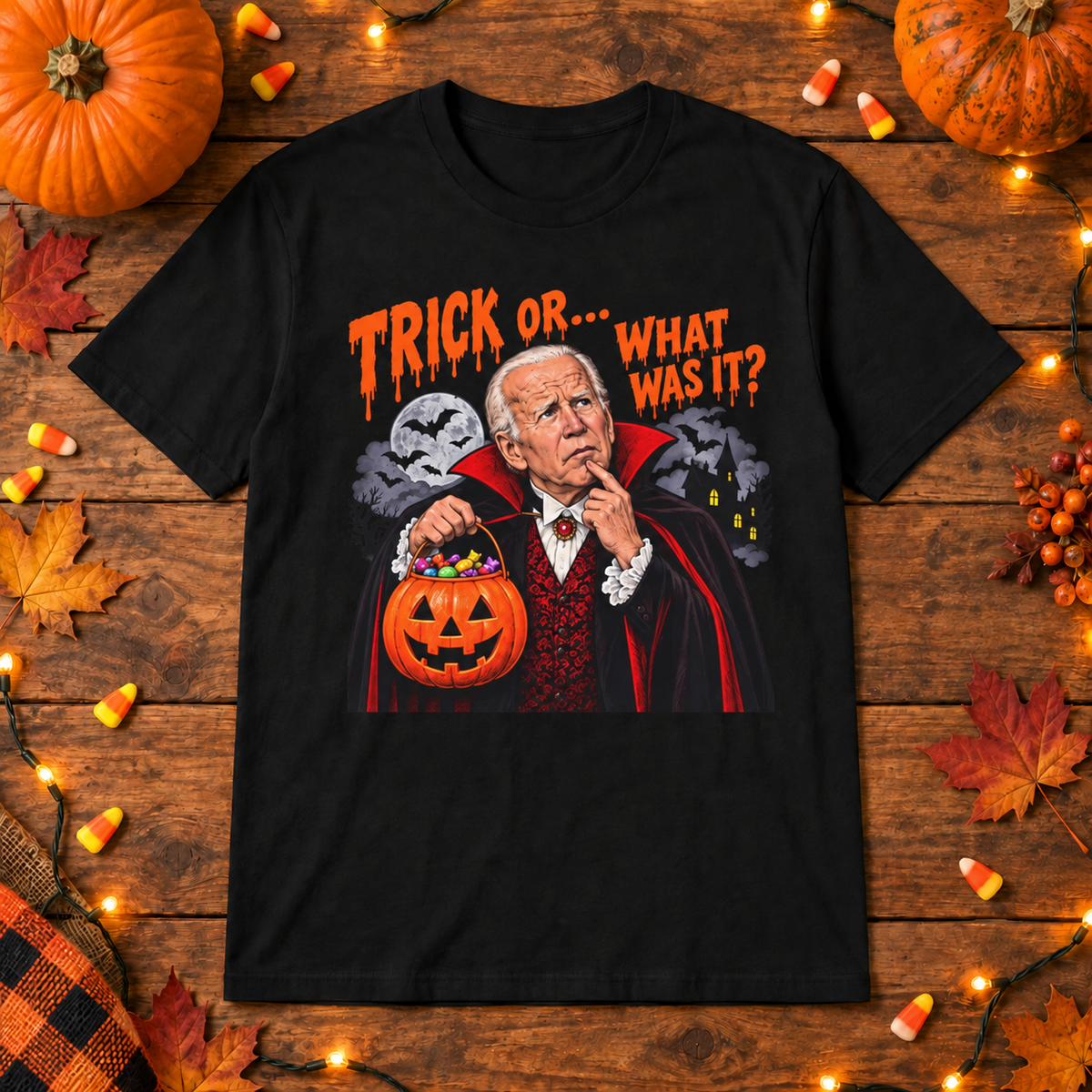 Black Joe Biden vampire trick or shirt on a wooden background with Halloween lights, pumpkins and candy