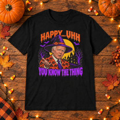 Black Joe Biden witch you know the thing shirt on a wooden background with Halloween lights, pumpkins and candy