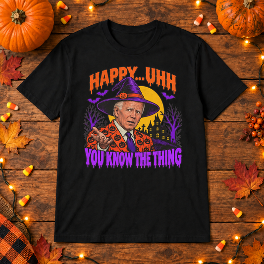 Black Joe Biden witch you know the thing shirt on a wooden background with Halloween lights, pumpkins and candy